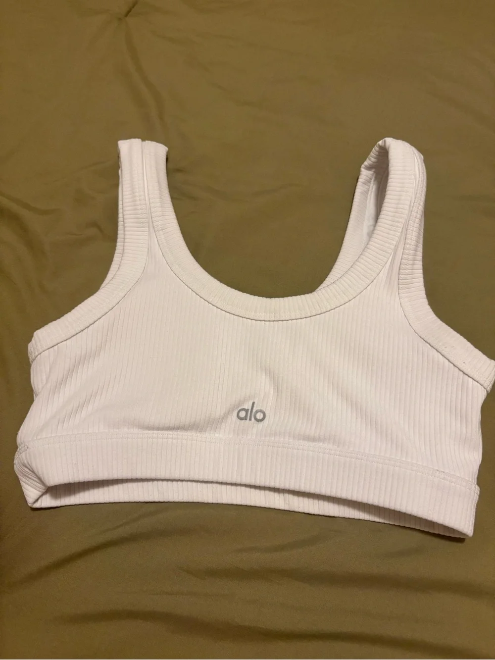 ALO Yoga White Ribbed Scoop Neck Sports Bra